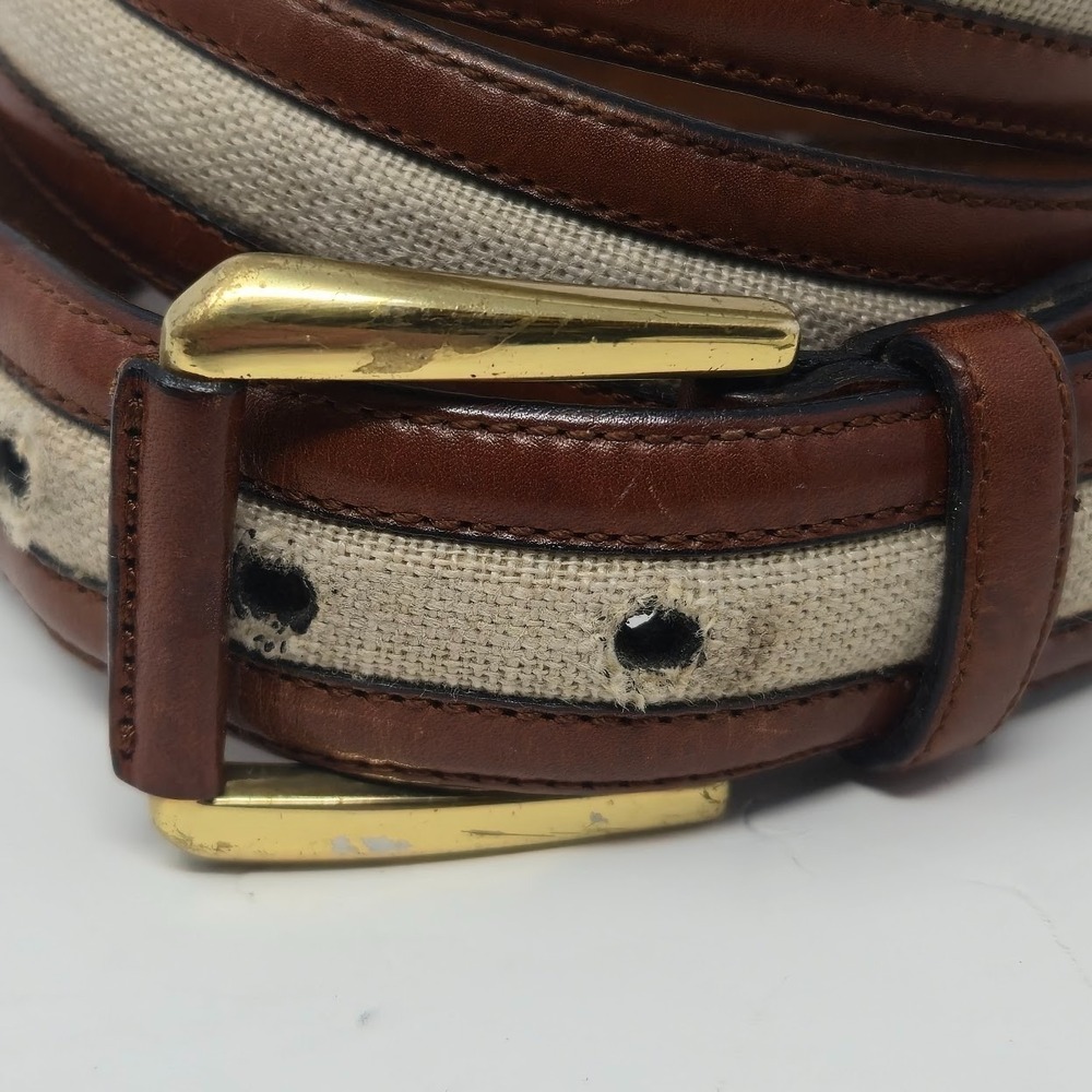 AS IS Saks Fifth Avenue Belt 38 M-3832 Spain Brown Leather Linen - MISSING PRONG - Picture 2 of 12